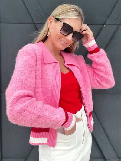 Contrast Color Fuzzy Knit Jacket-Pink - Infinity Raine