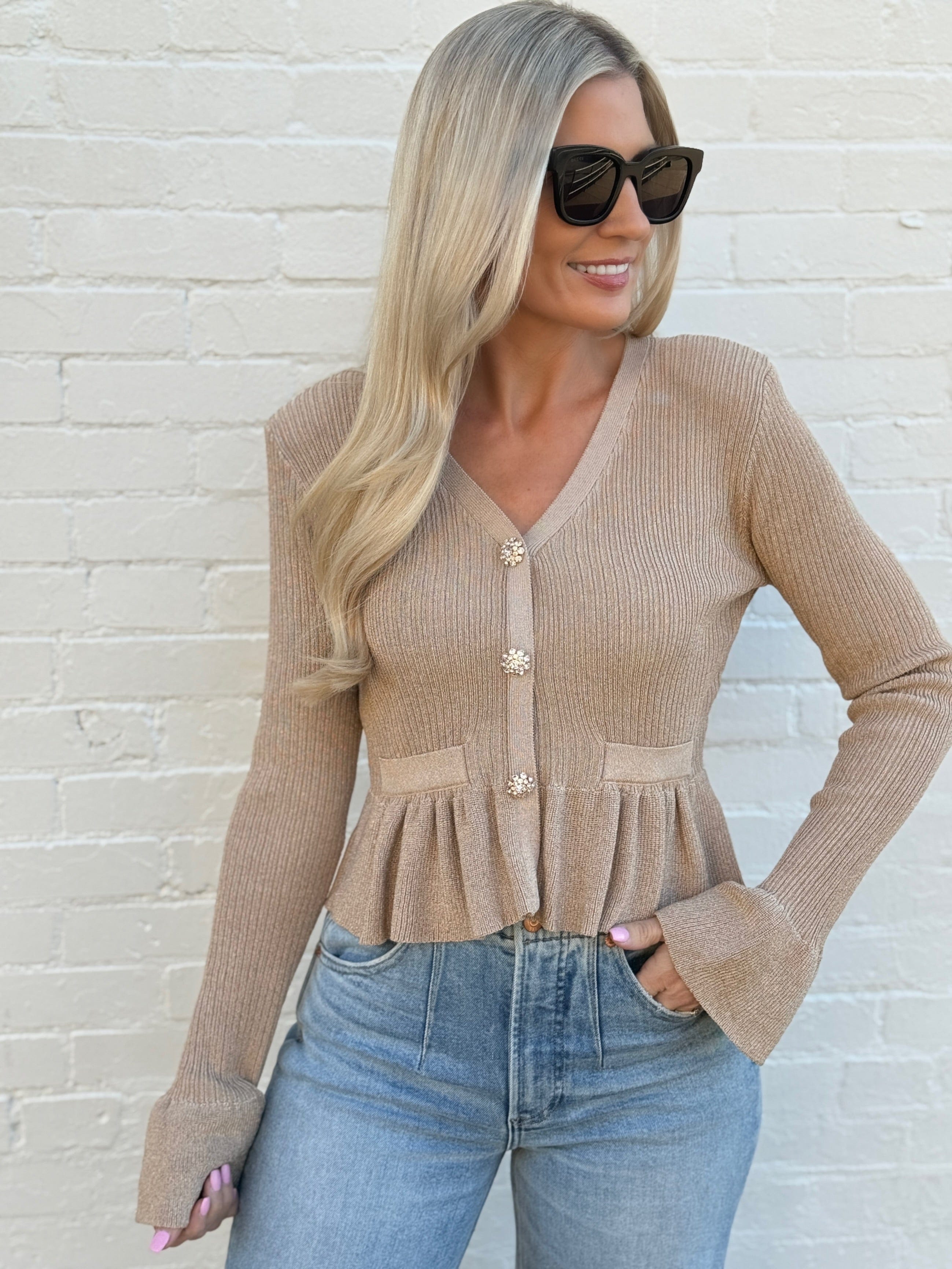 MABLE Tops - Blouses Lurex Knit Jewel Button Peplum Top In Champagne
