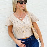 Knitted Top With Shoulder Ruffles In Taupe - Infinity Raine