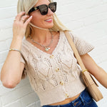 Knitted Top With Shoulder Ruffles In Taupe - Infinity Raine