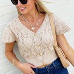 Knitted Top With Shoulder Ruffles In Taupe - Infinity Raine
