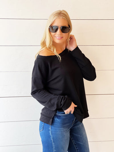 Terry Knit Off Shoulder Slouch Top-Black - Infinity Raine