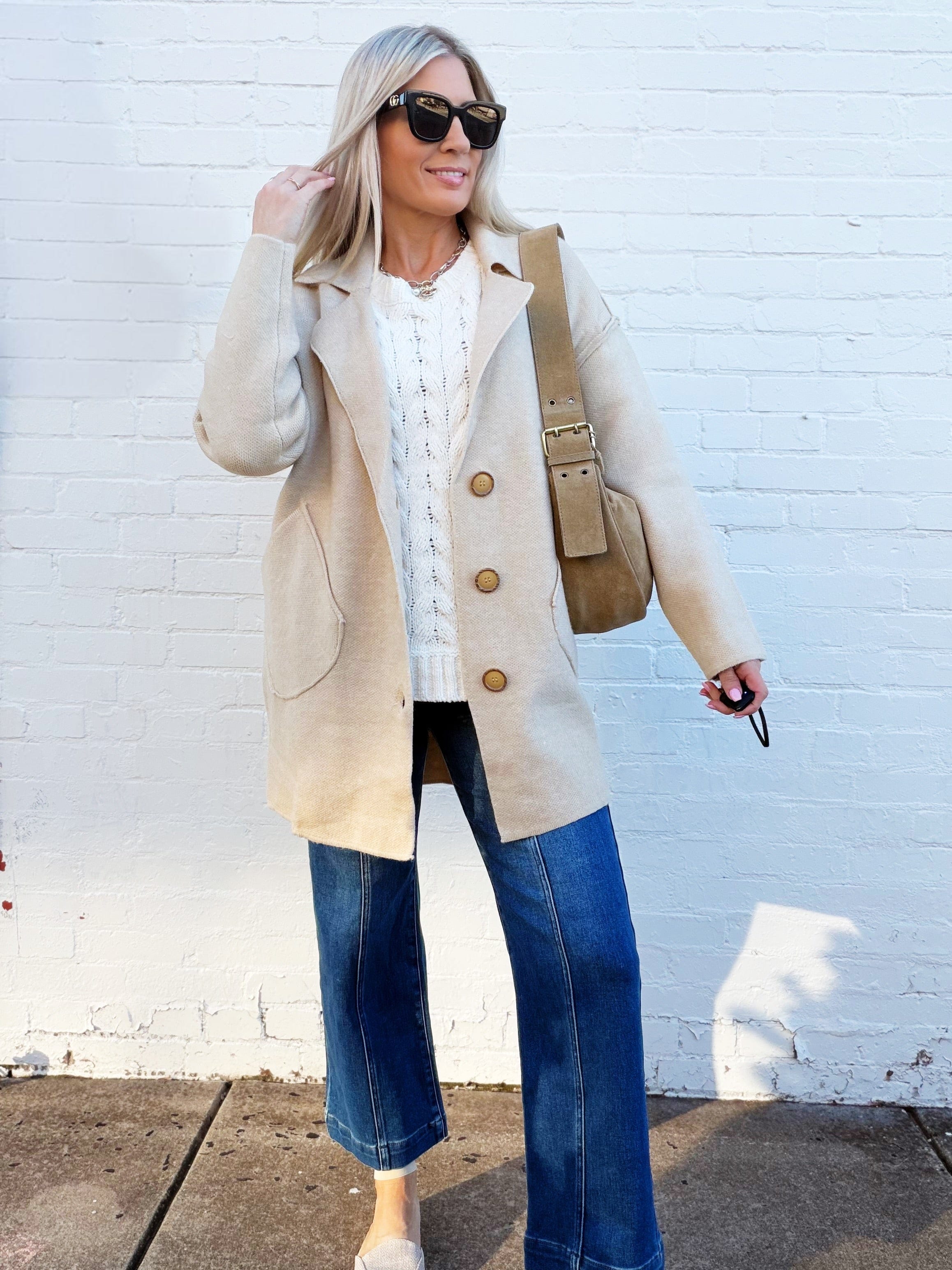 Madelyn Outerwear - Jackets & Coats Solid Long Sleeve Sweater Coat In Oatmeal