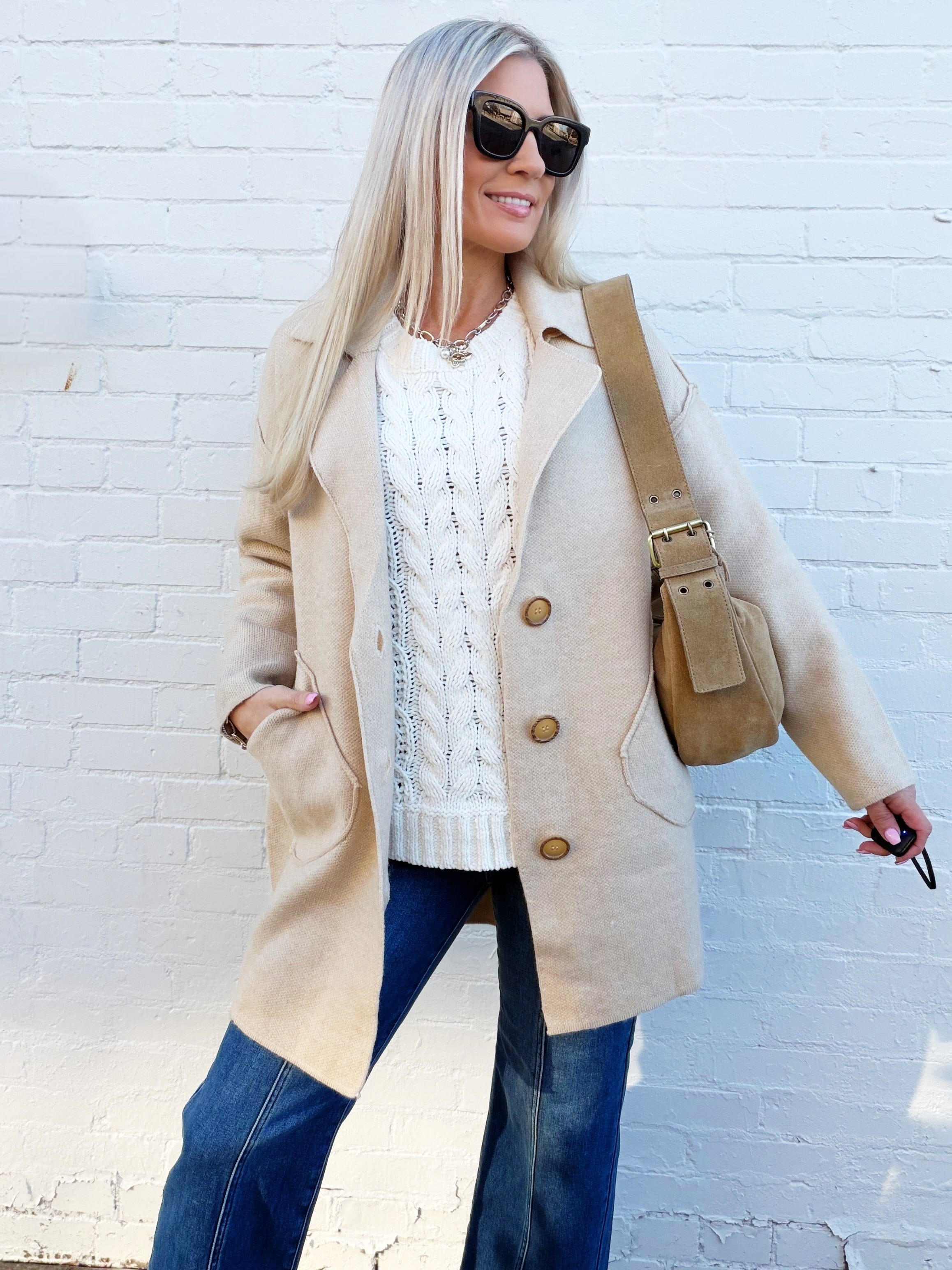 Madelyn Outerwear - Jackets & Coats Solid Long Sleeve Sweater Coat In Oatmeal