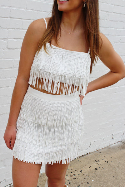 Stud Fringe Mini Skirt-White - Infinity Raine