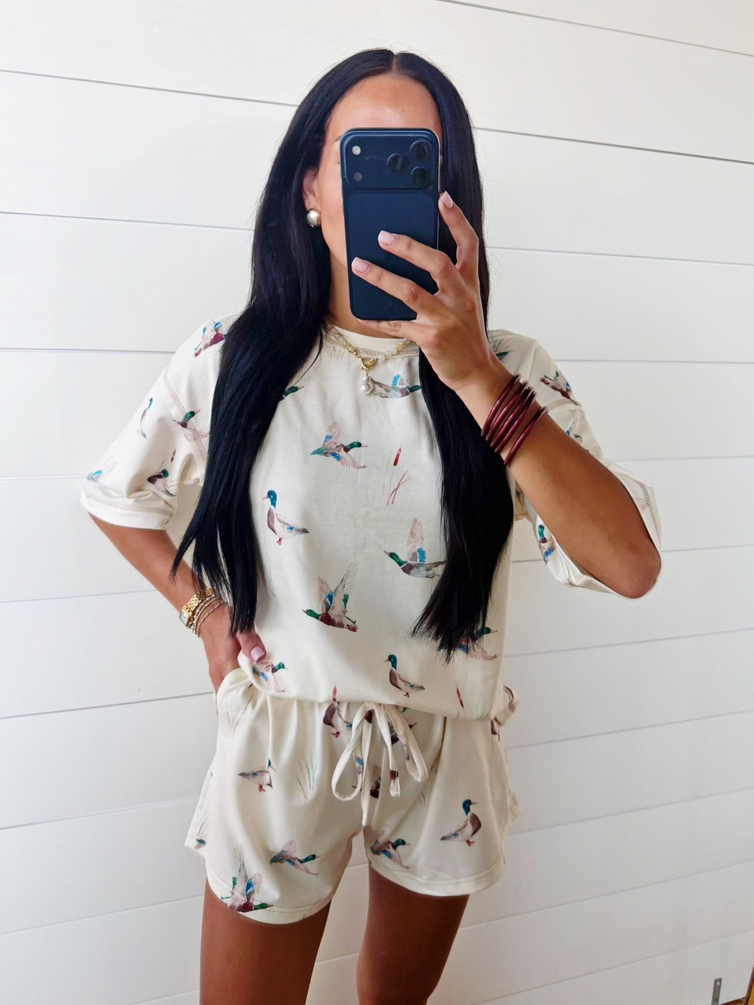 Mallard Oversized Tee Drawstring Shorts Set In Beige - Infinity Raine
