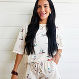Mallard Oversized Tee Drawstring Shorts Set In Beige - Infinity Raine