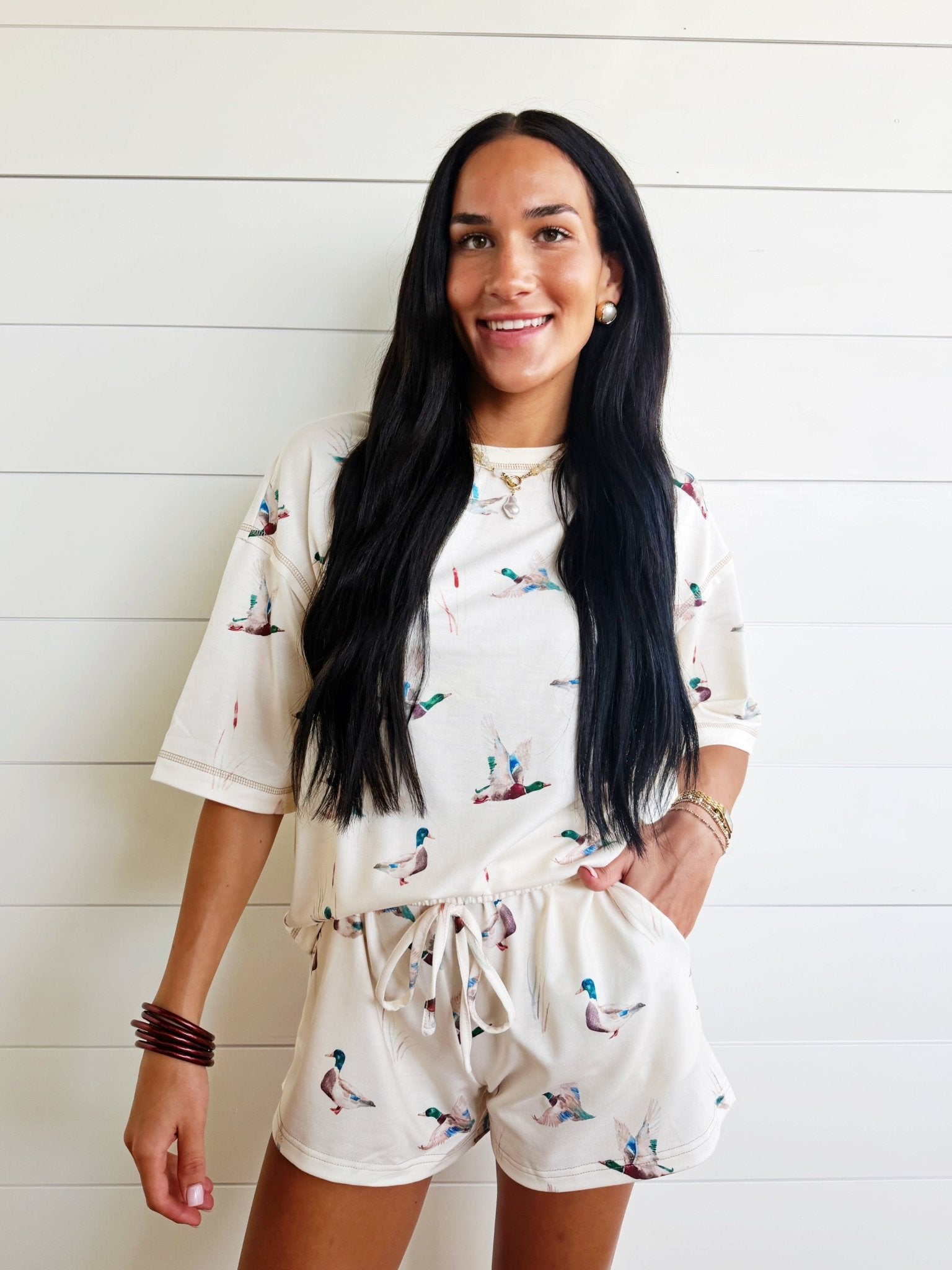 Mallard Oversized Tee Drawstring Shorts Set In Beige - Infinity Raine