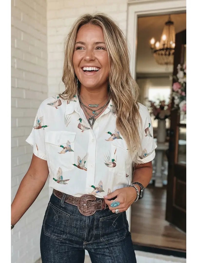 Mallard Printed Button Flap Pocket Shirt In White - Infinity Raine