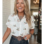 Mallard Printed Button Flap Pocket Shirt In White - Infinity Raine