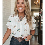 Mallard Printed Button Flap Pocket Shirt In White - Infinity Raine