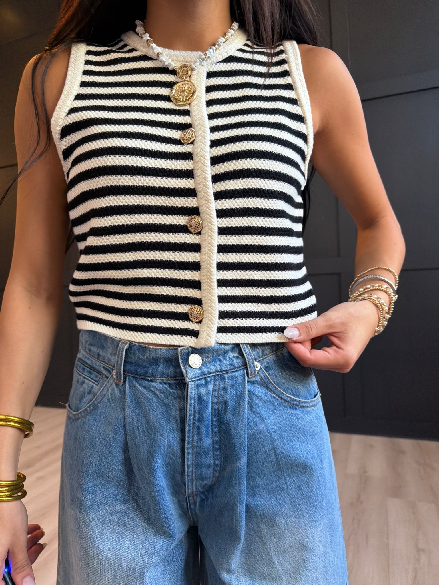 Manon Stripe Sweater Vest In Ivory Black - Infinity Raine