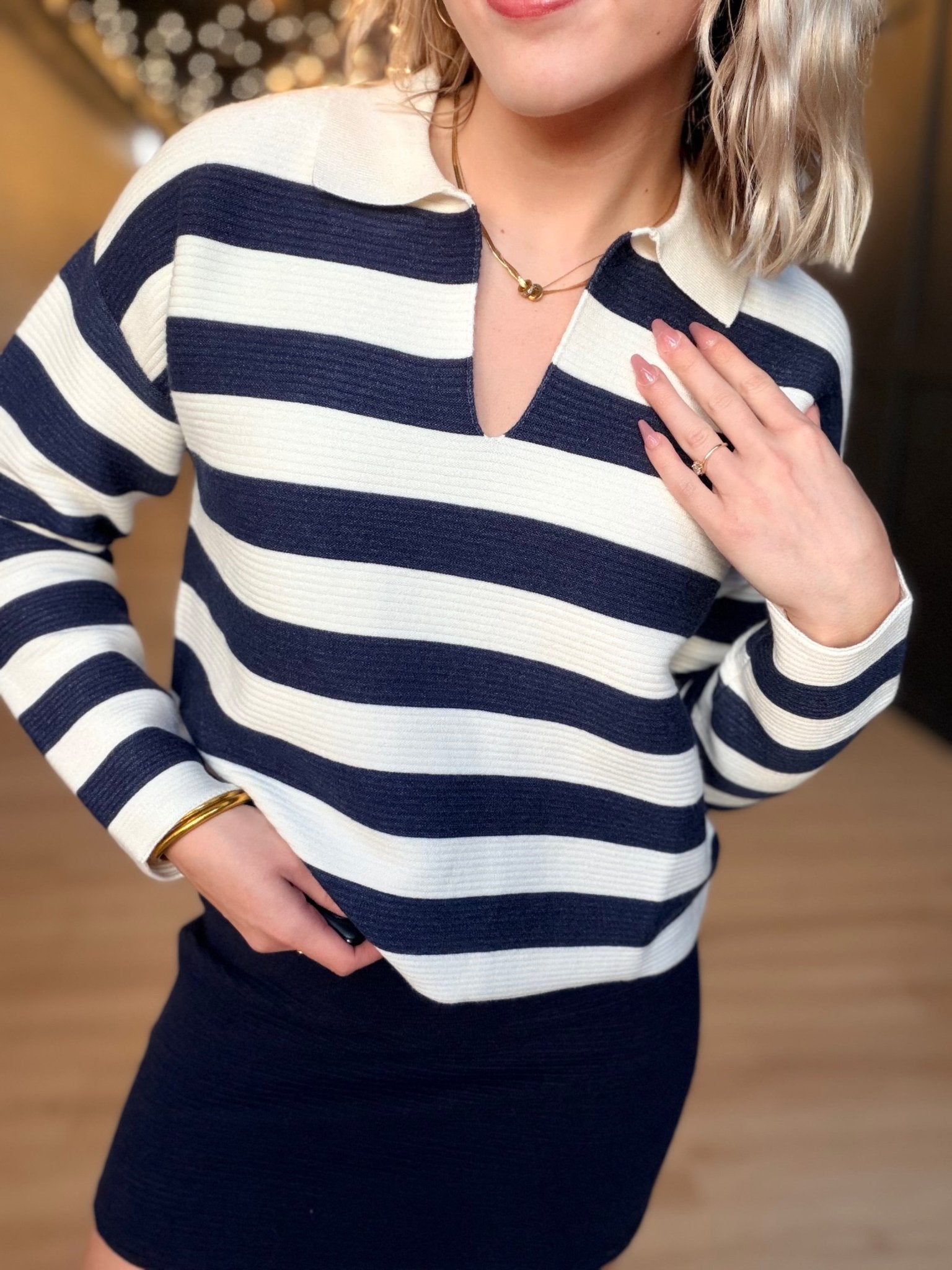 Manuscript Stripe Sweater In Ivory Navy - Infinity Raine