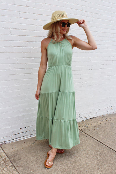 Classic Tiered Maxi Dress-Sage Green - Infinity Raine