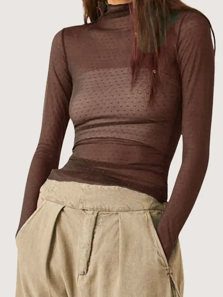 Sheer Mock Neck Long Sleeve Blouse in Brown - Infinity Raine