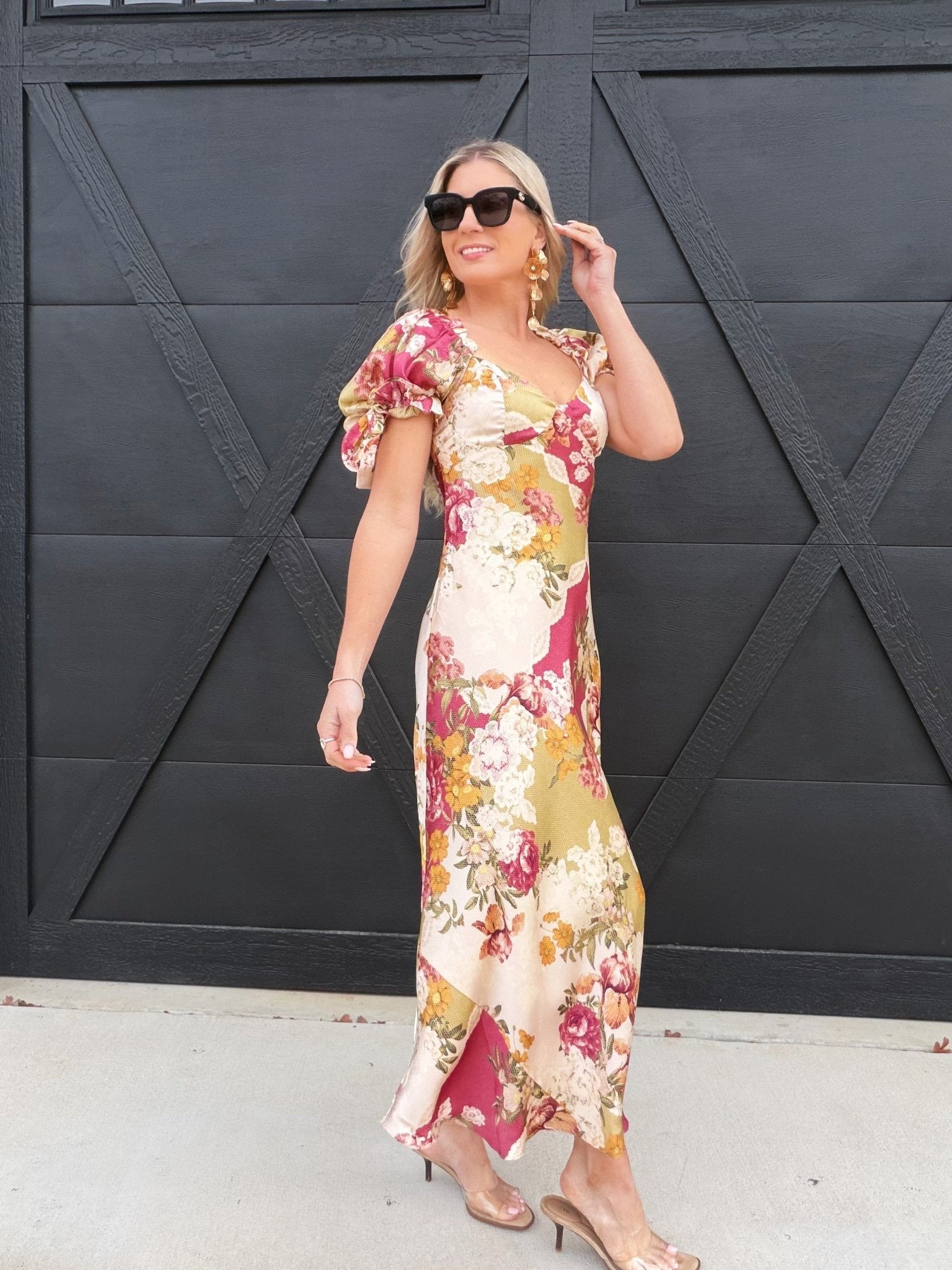 Meadow Romance Bow Tie Puff Sleeve Maxi Dress In Patchwork Floral - Infinity Raine