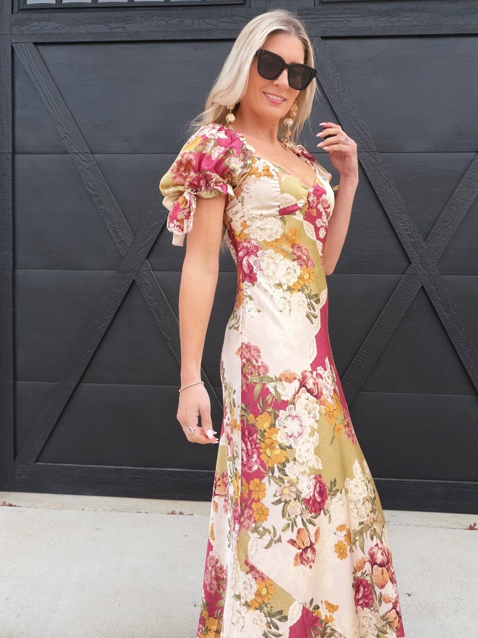 Meadow Romance Bow Tie Puff Sleeve Maxi Dress In Patchwork Floral - Infinity Raine