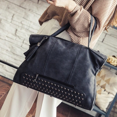 Vegan Leather Studded Handbag-Black - Infinity Raine
