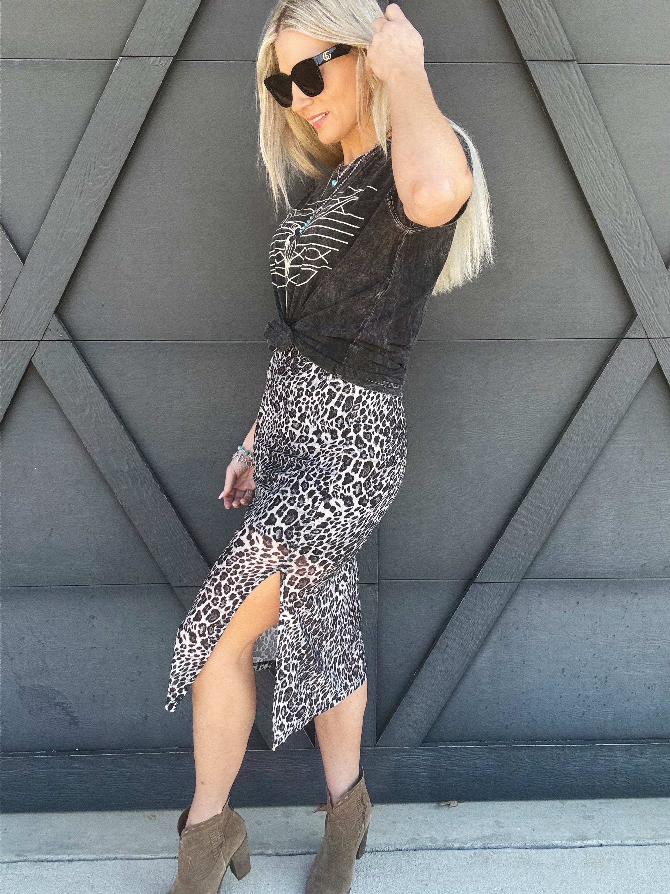 High Waisted Leopard Mesh Skirt In Black - Infinity Raine