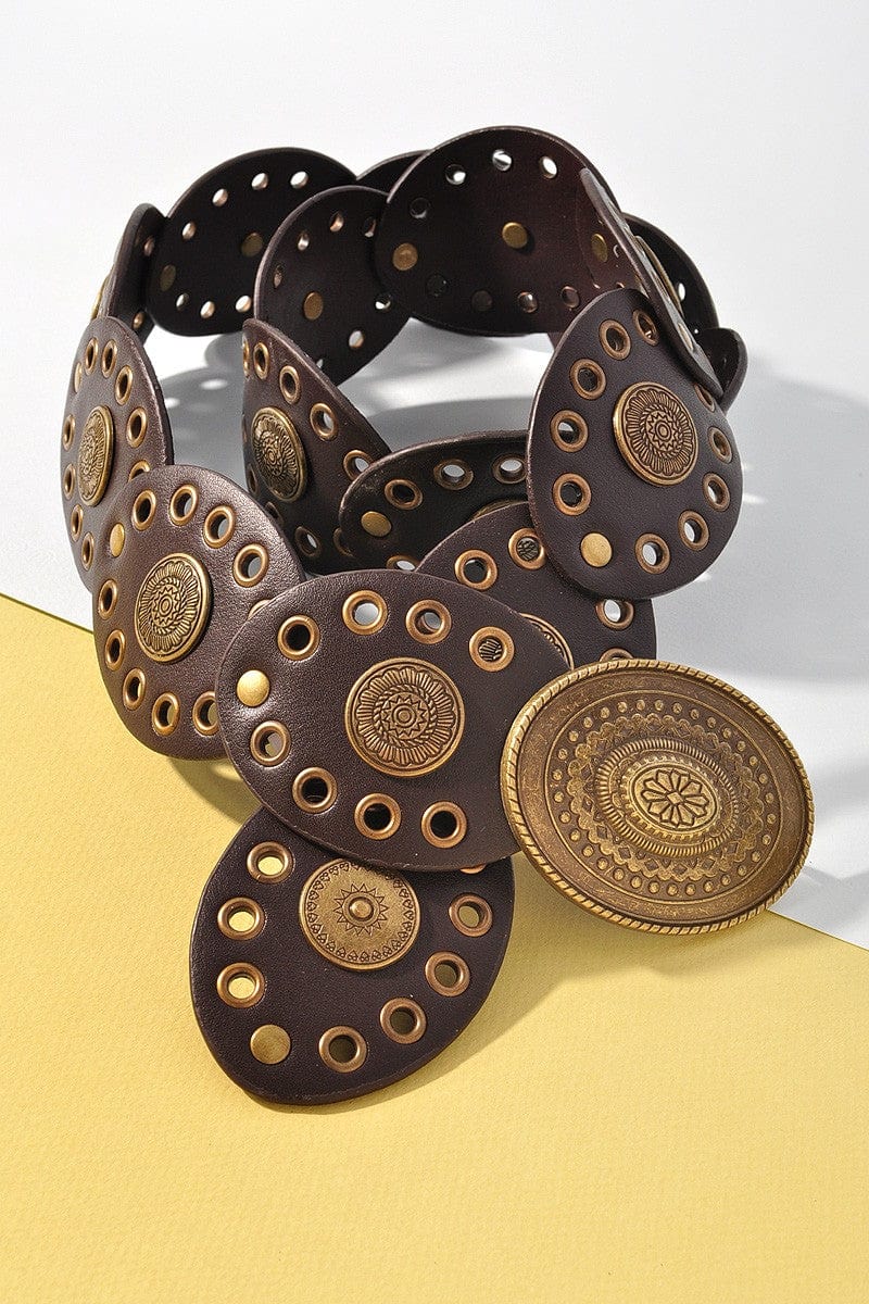 Floral Embossed Oval Disc Belt In Ago Dark Brown - Infinity Raine