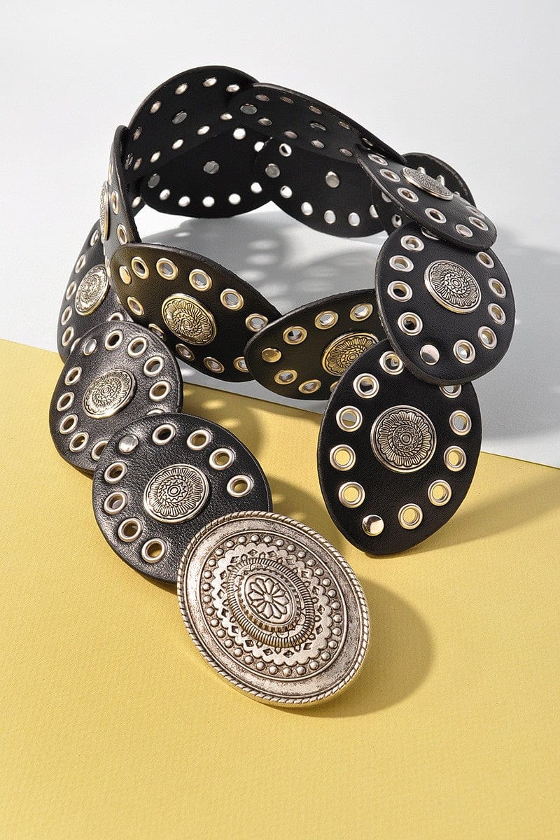 Floral Embossed Oval Disc Belt In Asl Black - Infinity Raine