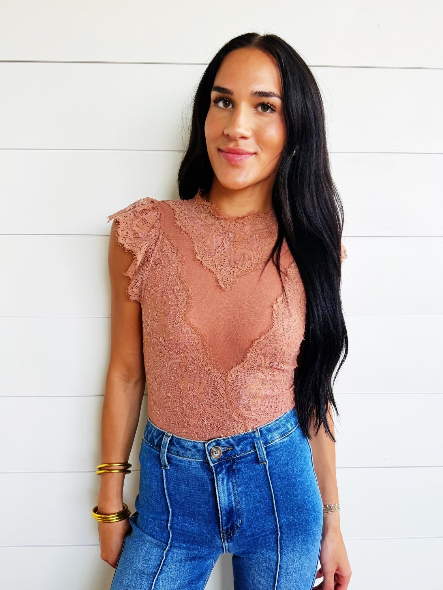 Mesh & Lace Mix Bodysuit In Terra Cotta - Infinity Raine