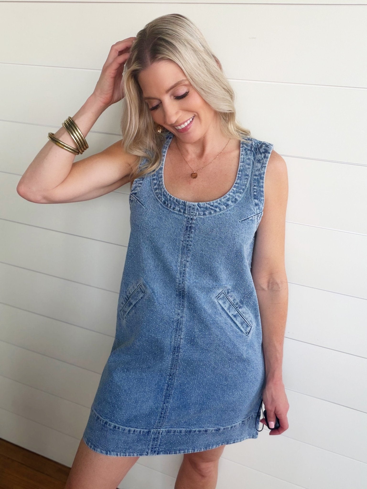 Habitual Micro Studded Denim Minidress - Blue Bell