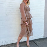 MINE Dresses Lurex Tiered Ruffle Midi Dress In Mocha