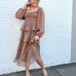 MINE Dresses Lurex Tiered Ruffle Midi Dress In Mocha