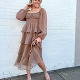 MINE Dresses Lurex Tiered Ruffle Midi Dress In Mocha