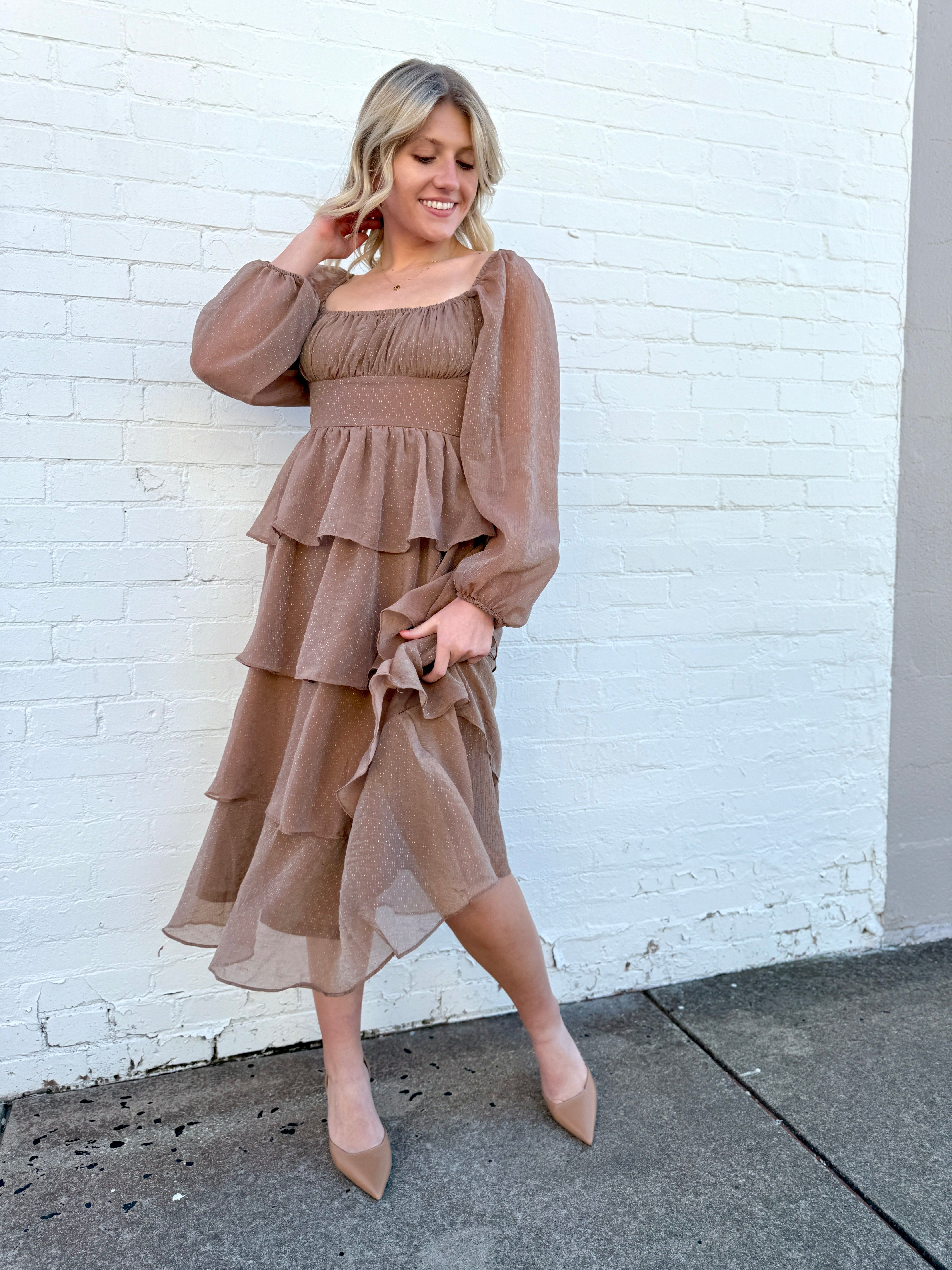 MINE Dresses Lurex Tiered Ruffle Midi Dress In Mocha