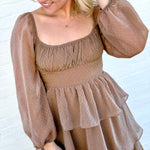 MINE Dresses Lurex Tiered Ruffle Midi Dress In Mocha