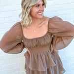 MINE Dresses Lurex Tiered Ruffle Midi Dress In Mocha