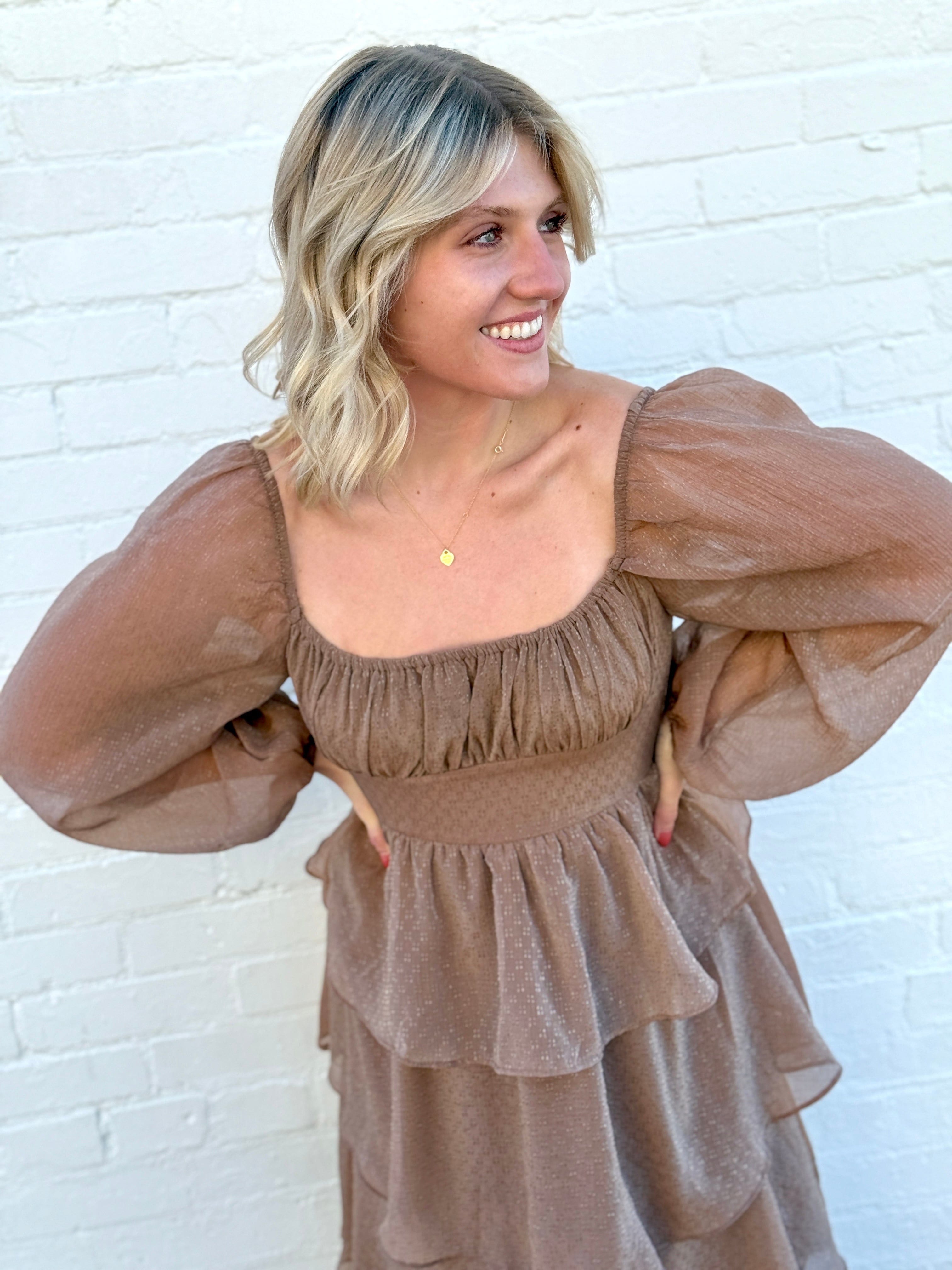 Lurex Tiered Ruffle Midi Dress In Mocha - Infinity Raine