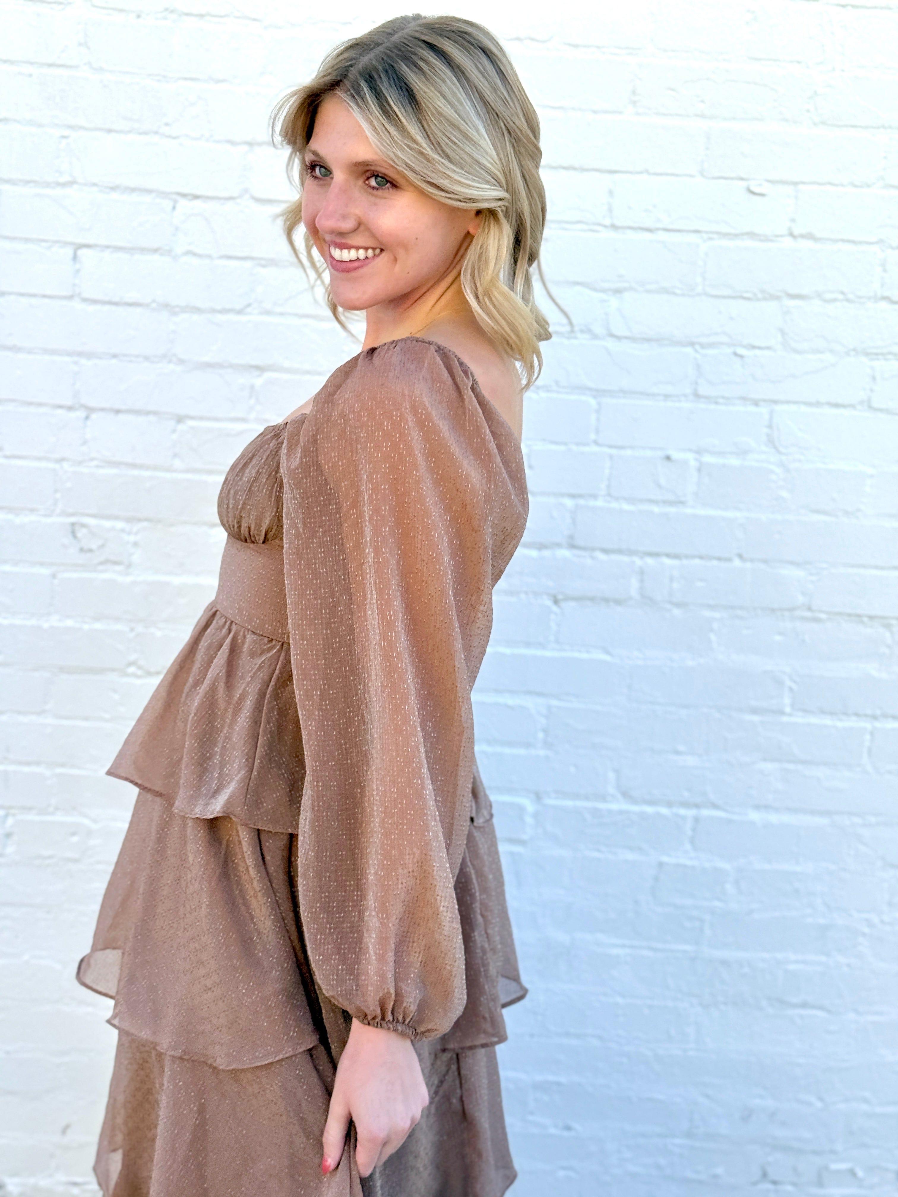 MINE Dresses Lurex Tiered Ruffle Midi Dress In Mocha