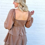 MINE Dresses Lurex Tiered Ruffle Midi Dress In Mocha