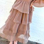 MINE Dresses Lurex Tiered Ruffle Midi Dress In Mocha