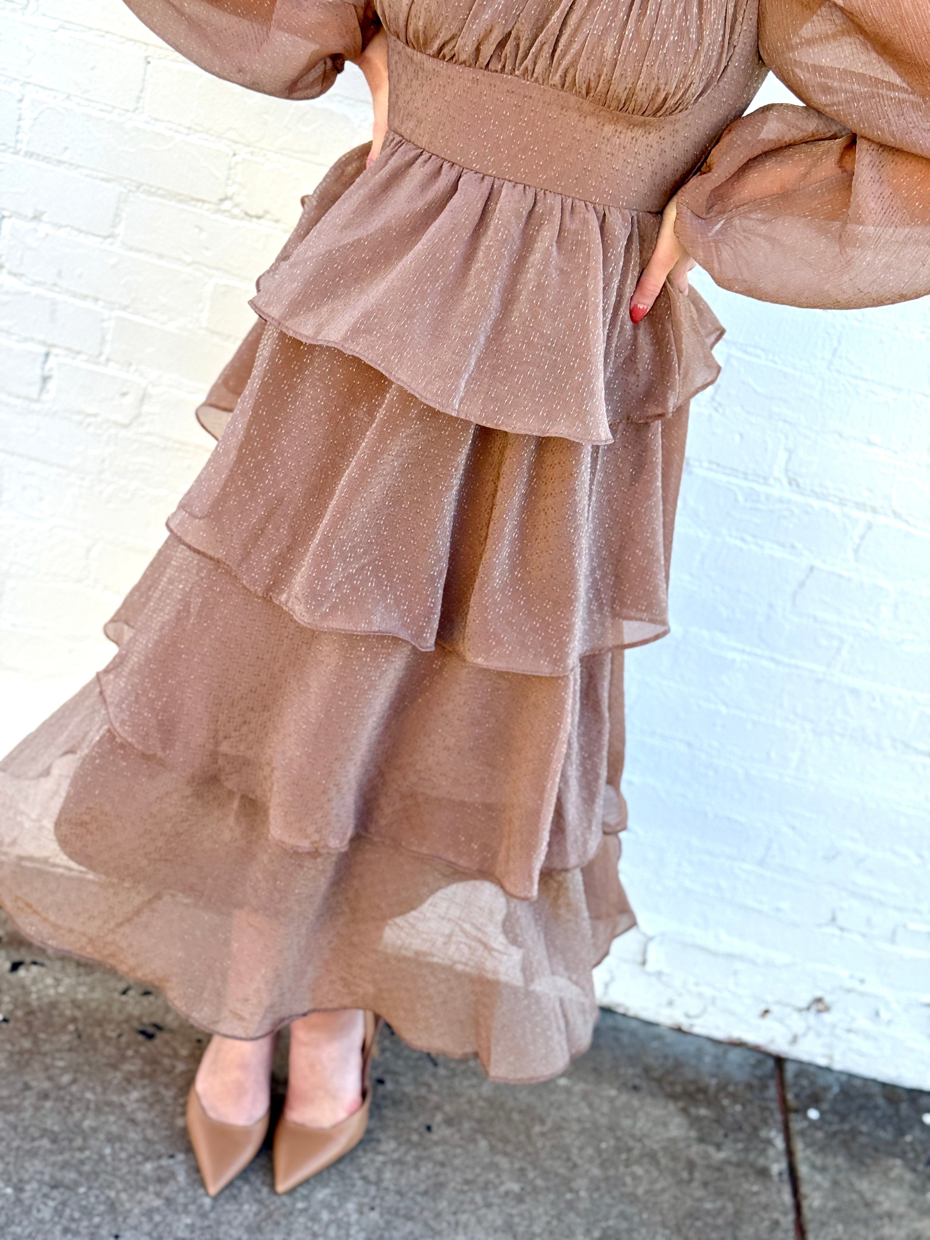 MINE Dresses Lurex Tiered Ruffle Midi Dress In Mocha