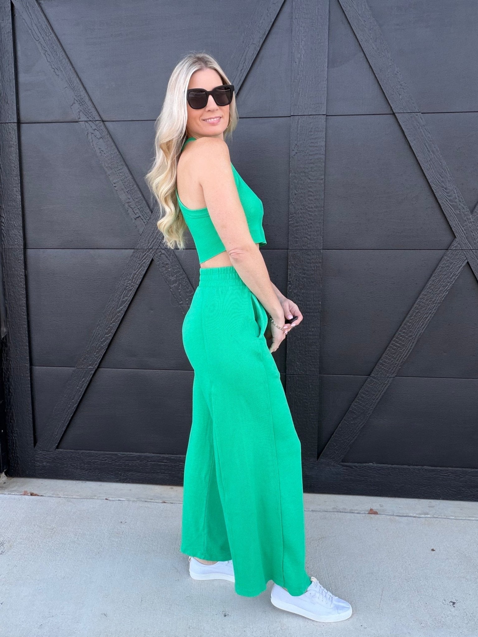 Mineral Wash Halter Neck Crop Top And Pants Sets In Green - Infinity Raine
