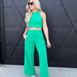 Mineral Wash Halter Neck Crop Top And Pants Sets In Green - Infinity Raine