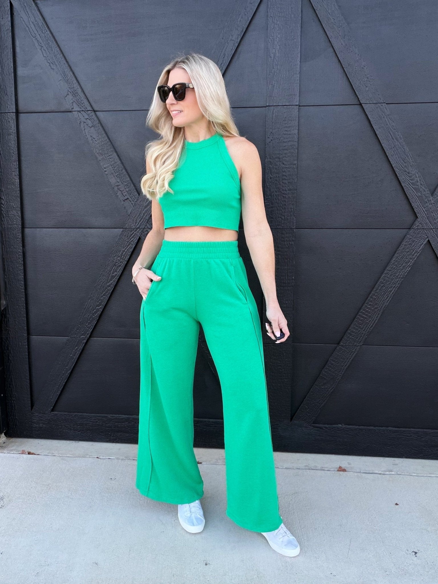 Mineral Wash Halter Neck Crop Top And Pants Sets In Green - Infinity Raine