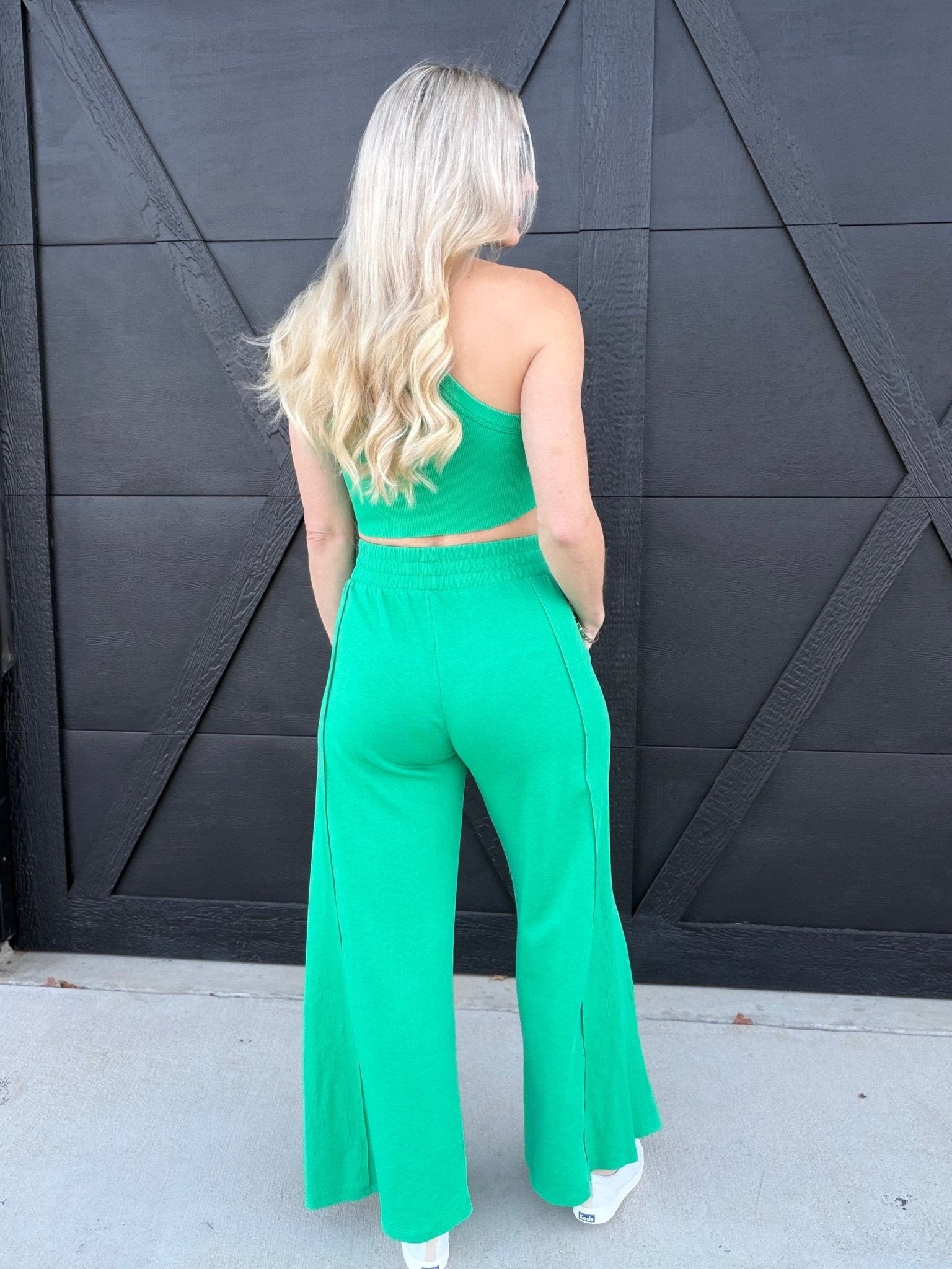 Mineral Wash Halter Neck Crop Top And Pants Sets In Green - Infinity Raine