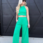 Mineral Wash Halter Neck Crop Top And Pants Sets In Green - Infinity Raine