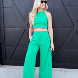 Mineral Wash Halter Neck Crop Top And Pants Sets In Green - Infinity Raine