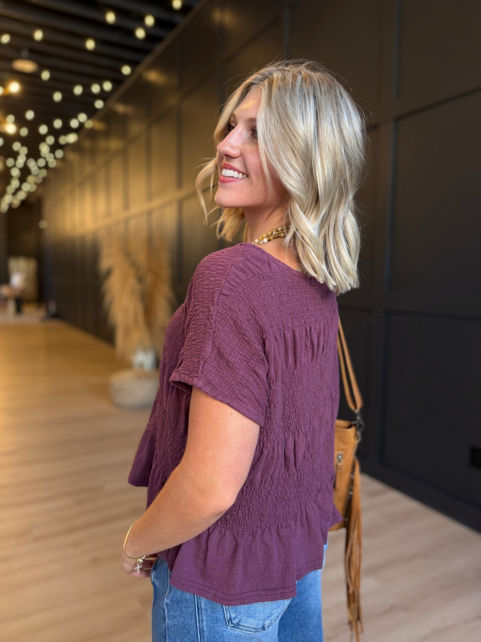 Mineral Wash Smocked Top In Red Bean - Infinity Raine