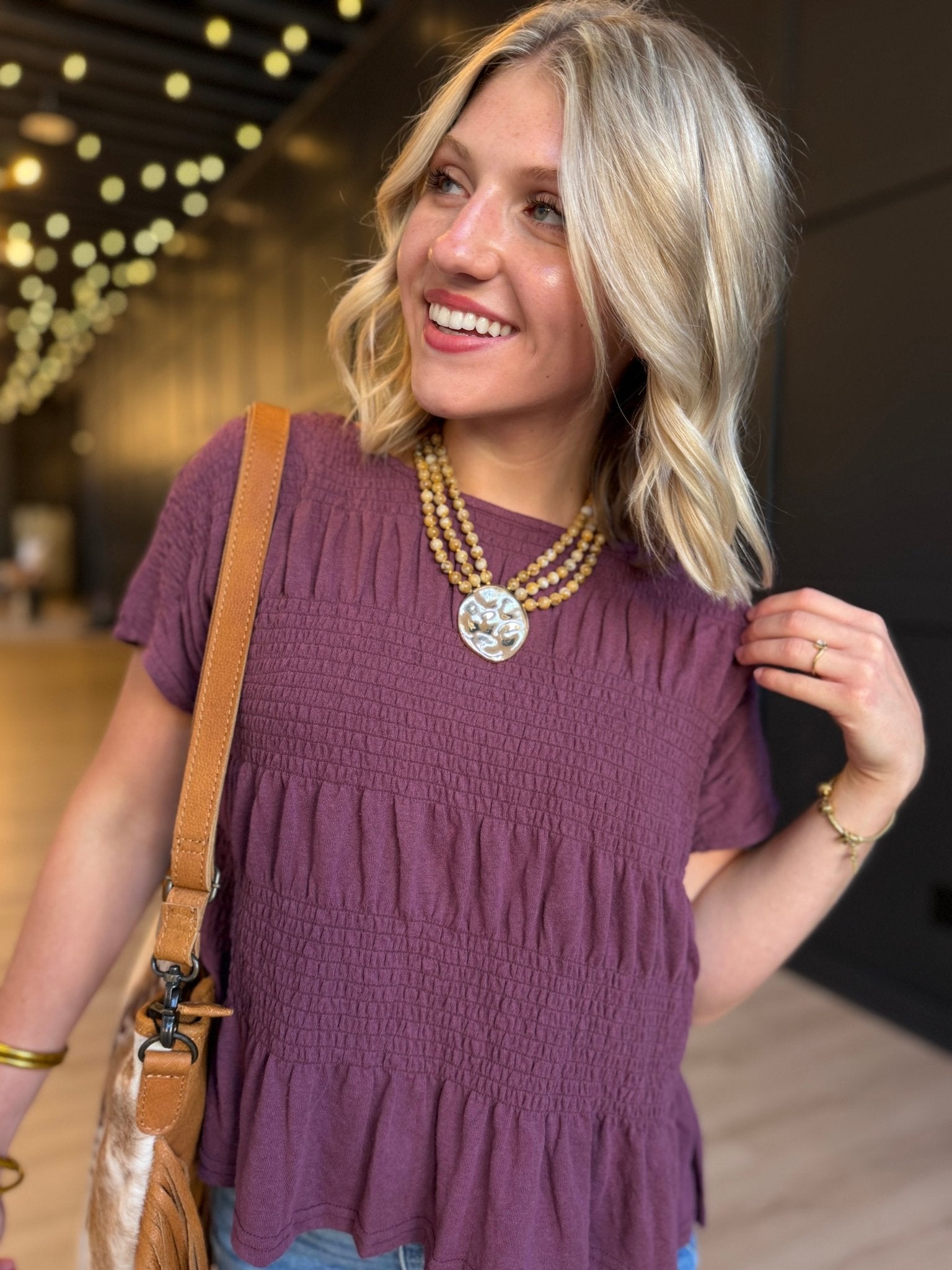 Mineral Wash Smocked Top In Red Bean - Infinity Raine