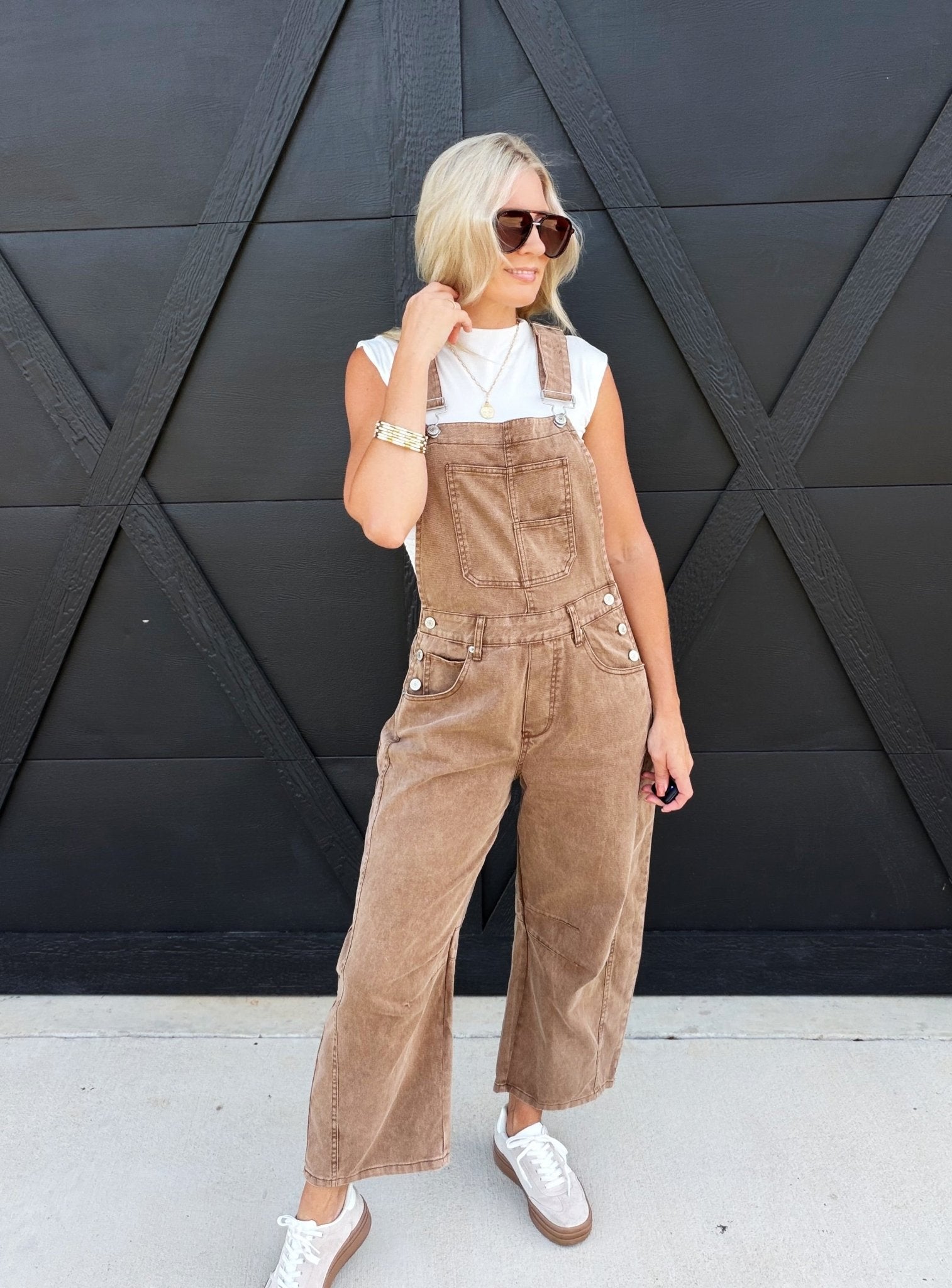 Mineral Washed Barrel Jumpsuit In Mocha Mousse - Infinity Raine