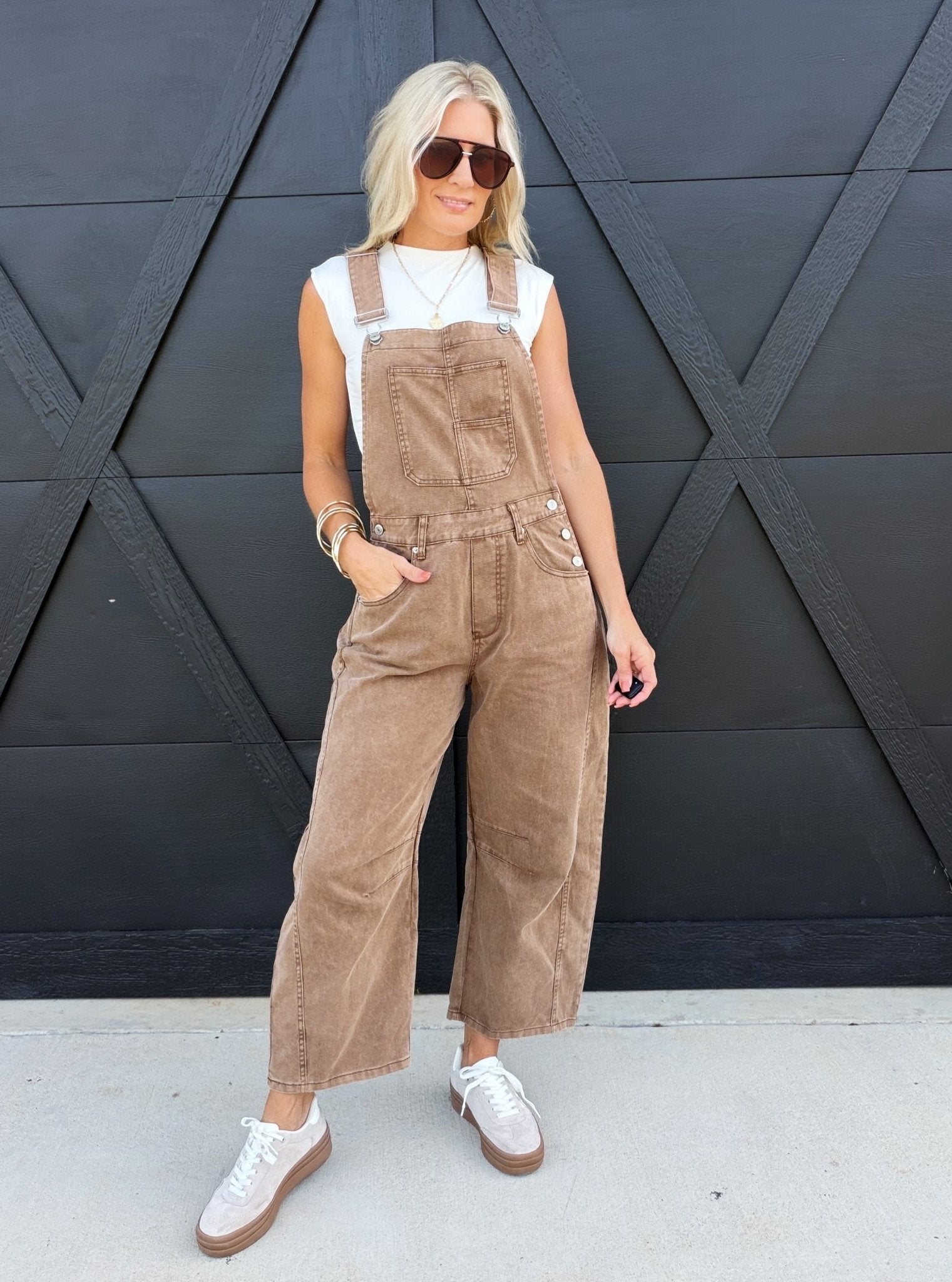 Mineral Washed Barrel Jumpsuit In Mocha Mousse - Infinity Raine
