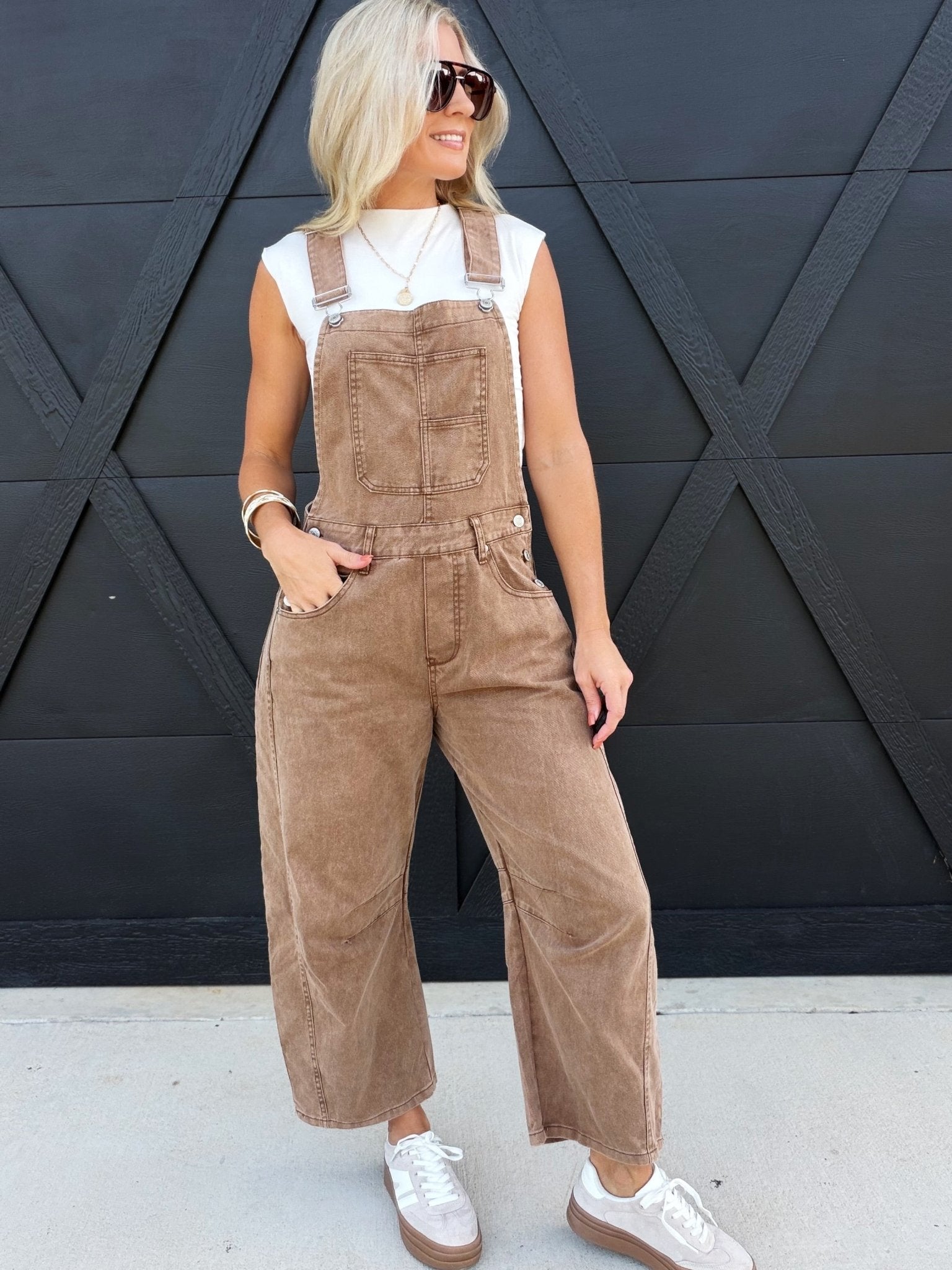 Mineral Washed Barrel Jumpsuit In Mocha Mousse - Infinity Raine