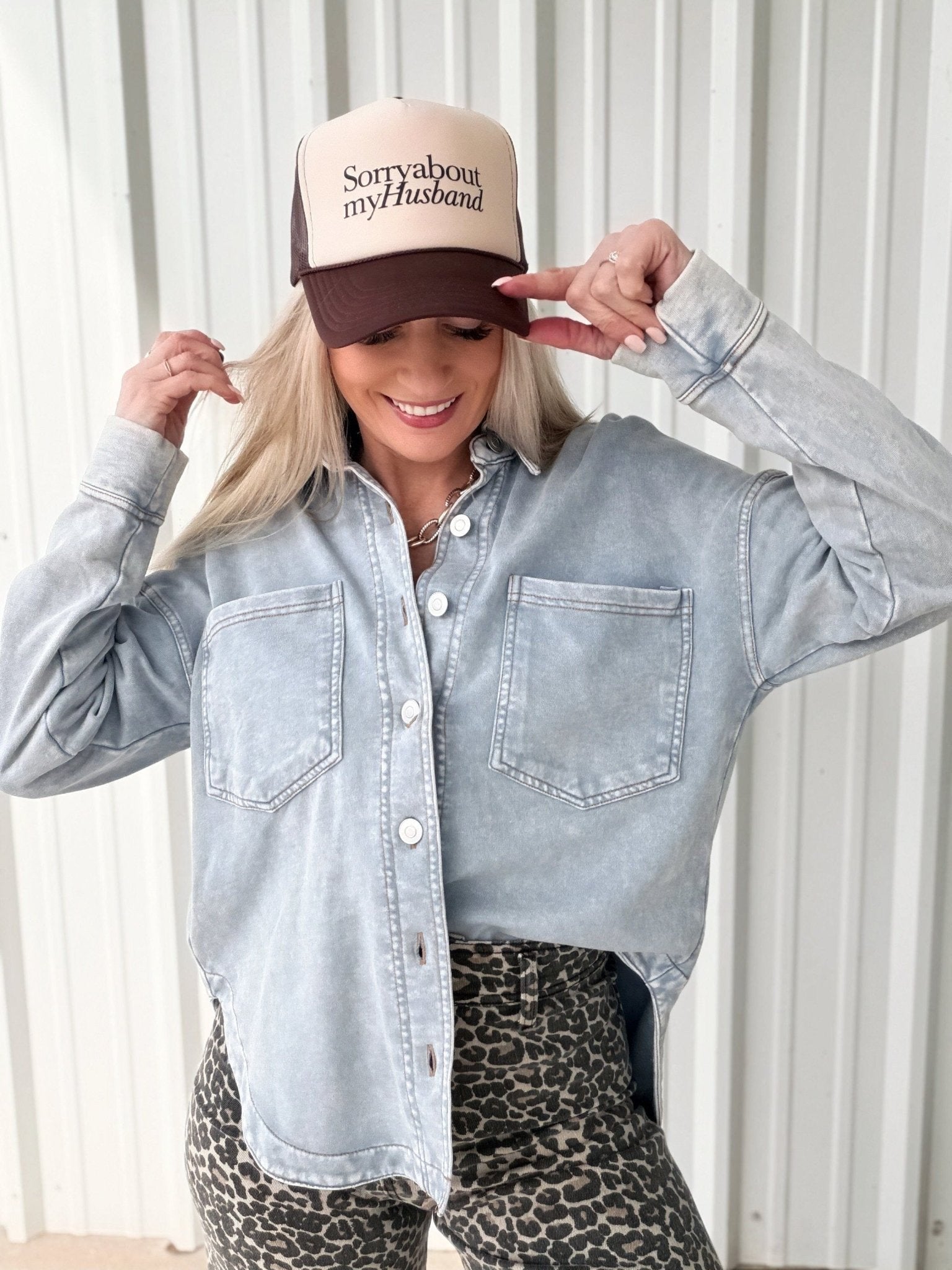 Mineral Washed Collared Button Down Knit Shacket In Light Blue - Infinity Raine